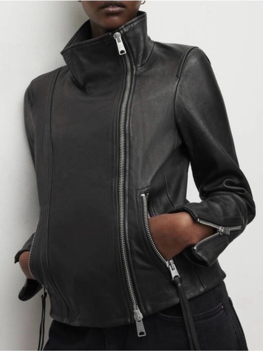 All Saints Ellis LeatherFunnel Neck Lambskin Moto Jacket black - size UK10/US 6